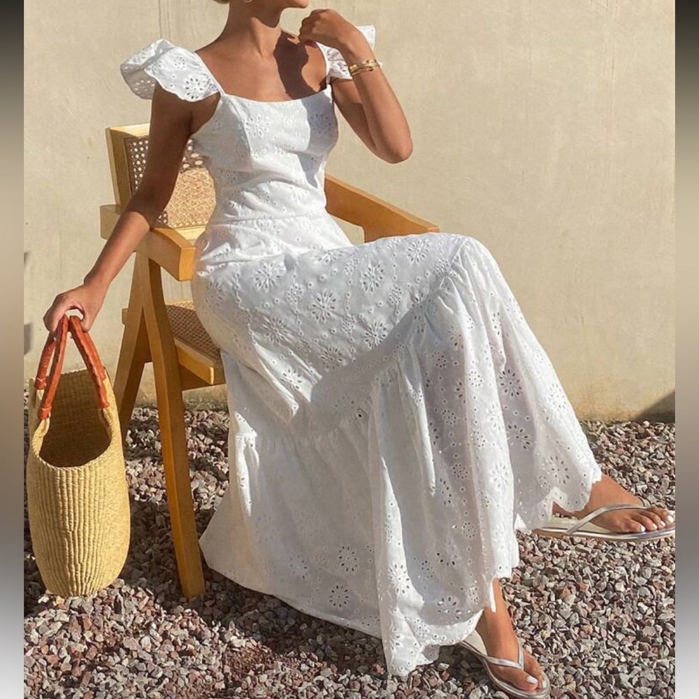 Boho White Eyelet Ruffle Straps Maxi Dress
